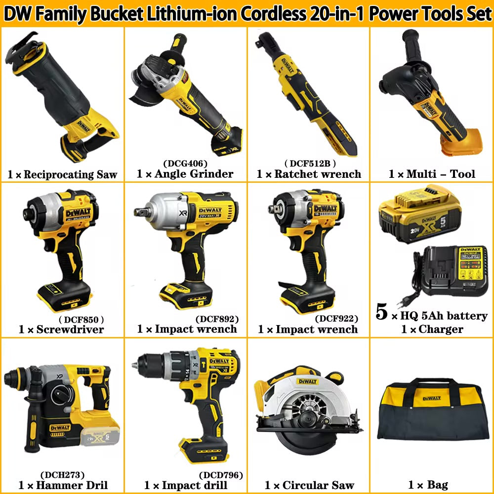 DeWalt Portable Cordless Tools Kit Impact Drill Wrench Angle Grinder Screwdriver Tools Industrial Rechargeable 20-in-1 Tools Set